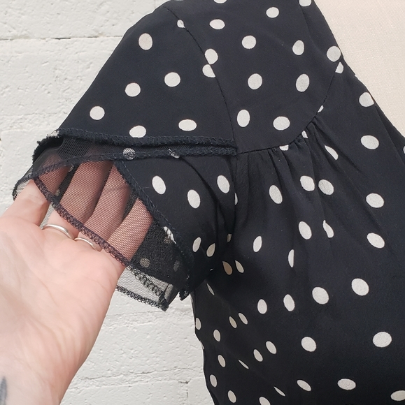 Black 40s style polka dot wrap mini dress S M - Picture 3 of 5